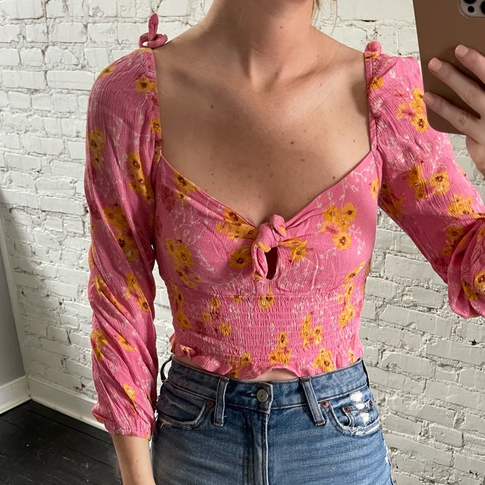Floral Puff Sleeve Tie Detail Top - Pink